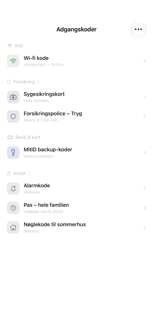 Familiens adgangskoder i den krypterede boks.
