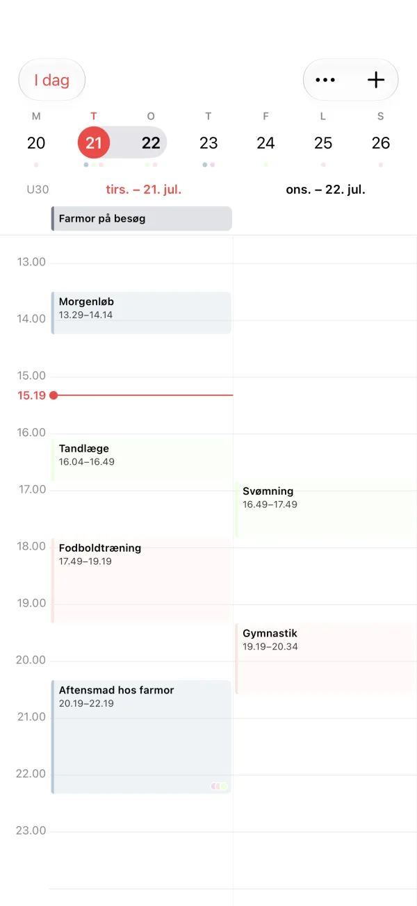 Den fælles kalender med aftaler i familiemedlemmernes farver.