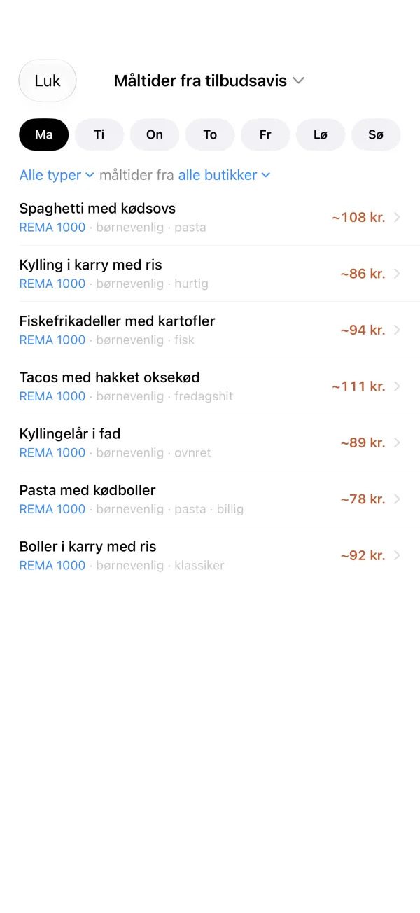 Forslag til måltider ud fra ugens tilbudsavis.